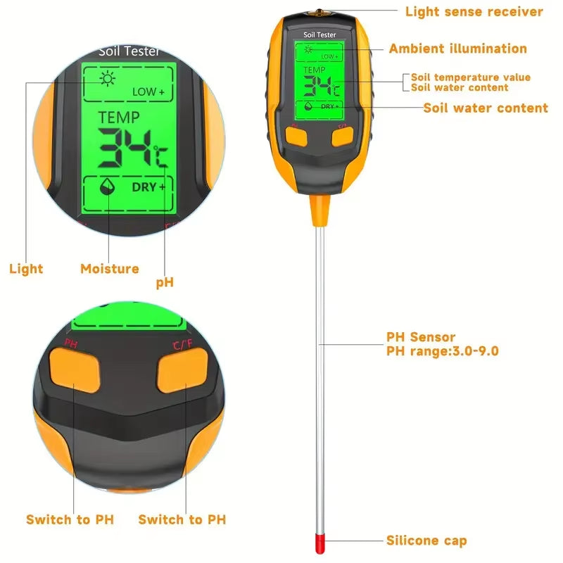 SmartGrow 4-in-1 Digital Soil Meter – Moisture, pH, Temperature & Sunlight Intensity for Perfect Plant Care