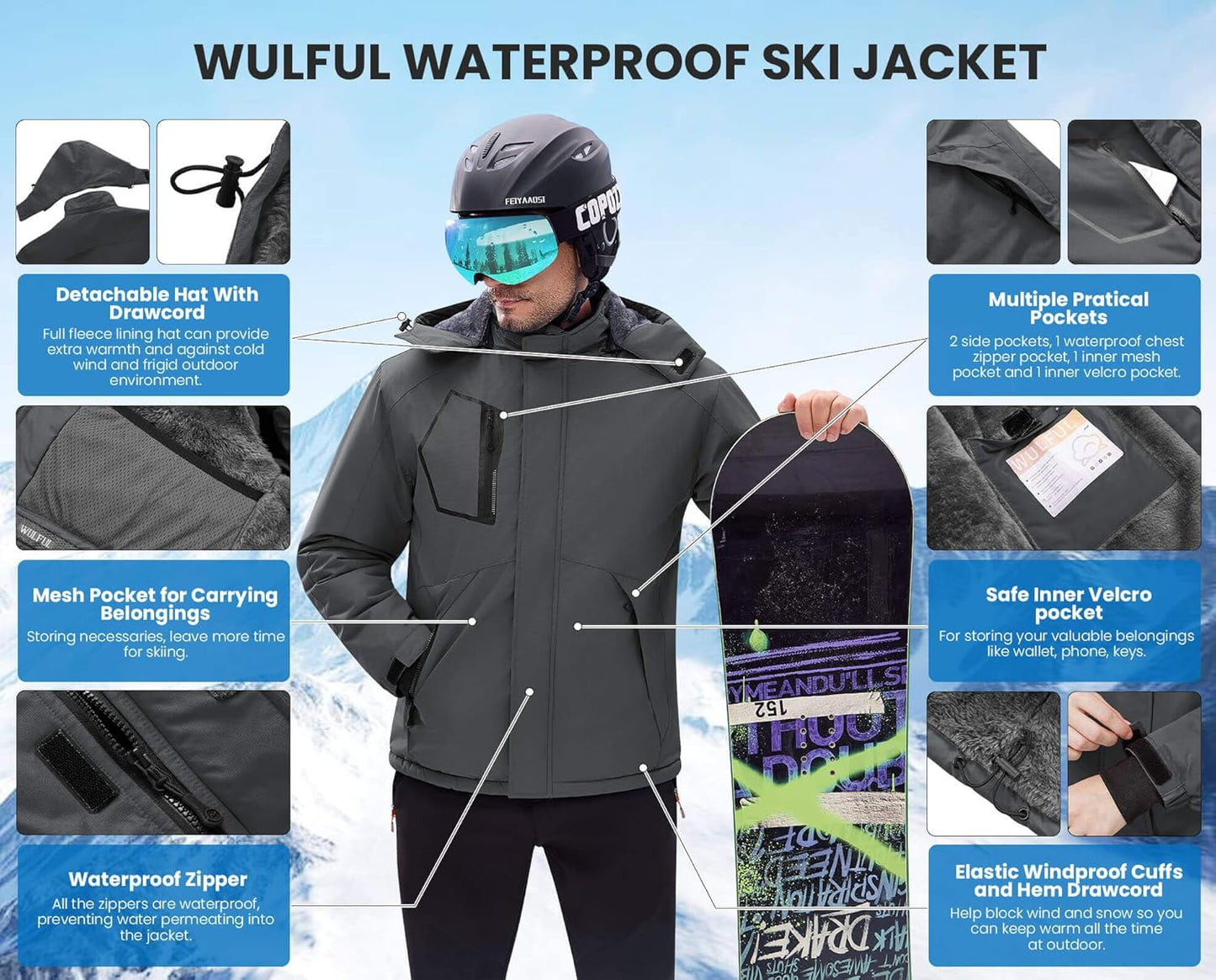 Men'S Waterproof Ski Jacket Warm Winter Snow Coat Mountain Windbreaker Hooded Raincoat
