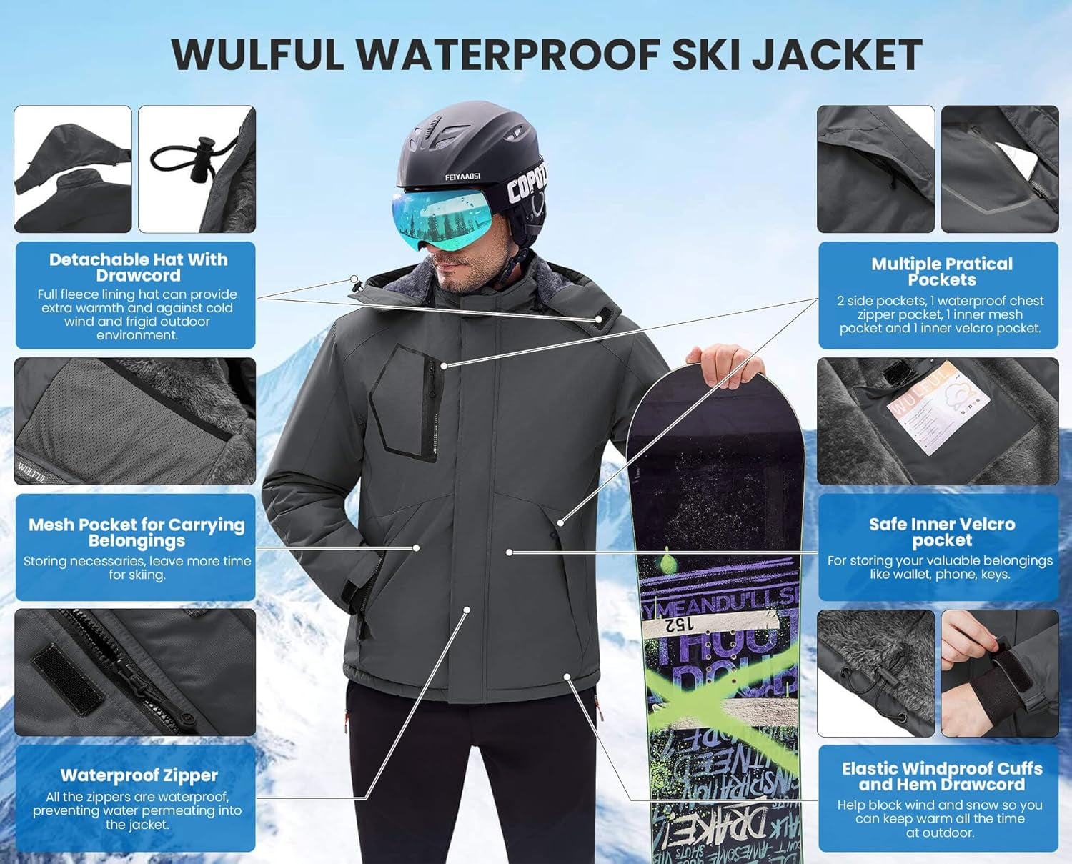Men'S Waterproof Ski Jacket Warm Winter Snow Coat Mountain Windbreaker Hooded Raincoat